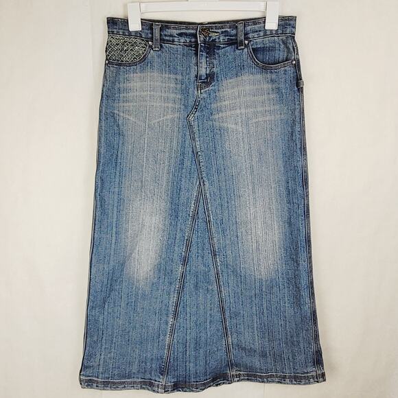 JouJou denim maxi skirt size 12 Embellished pocket back slit Y2K Retro Western - Picture 1 of 10